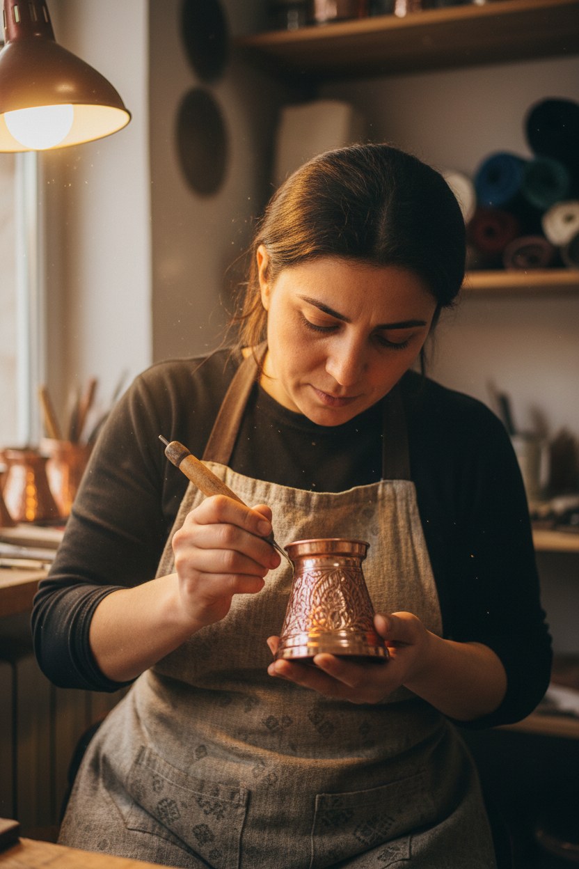 Defne Aydın, desen ve gravür ustası, bakır cezveye motif işlerken
